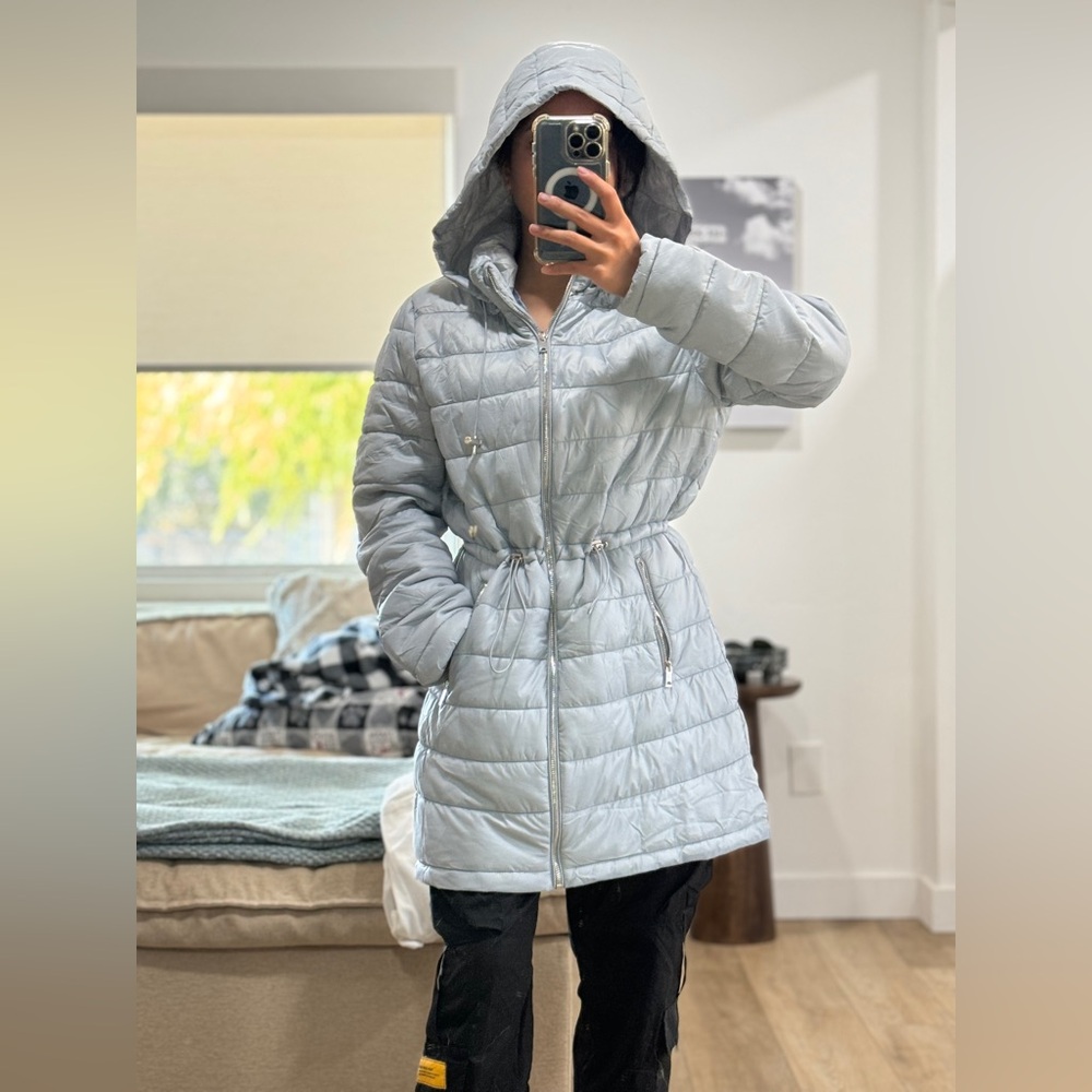 Pale Blue Puffer Trench Coat